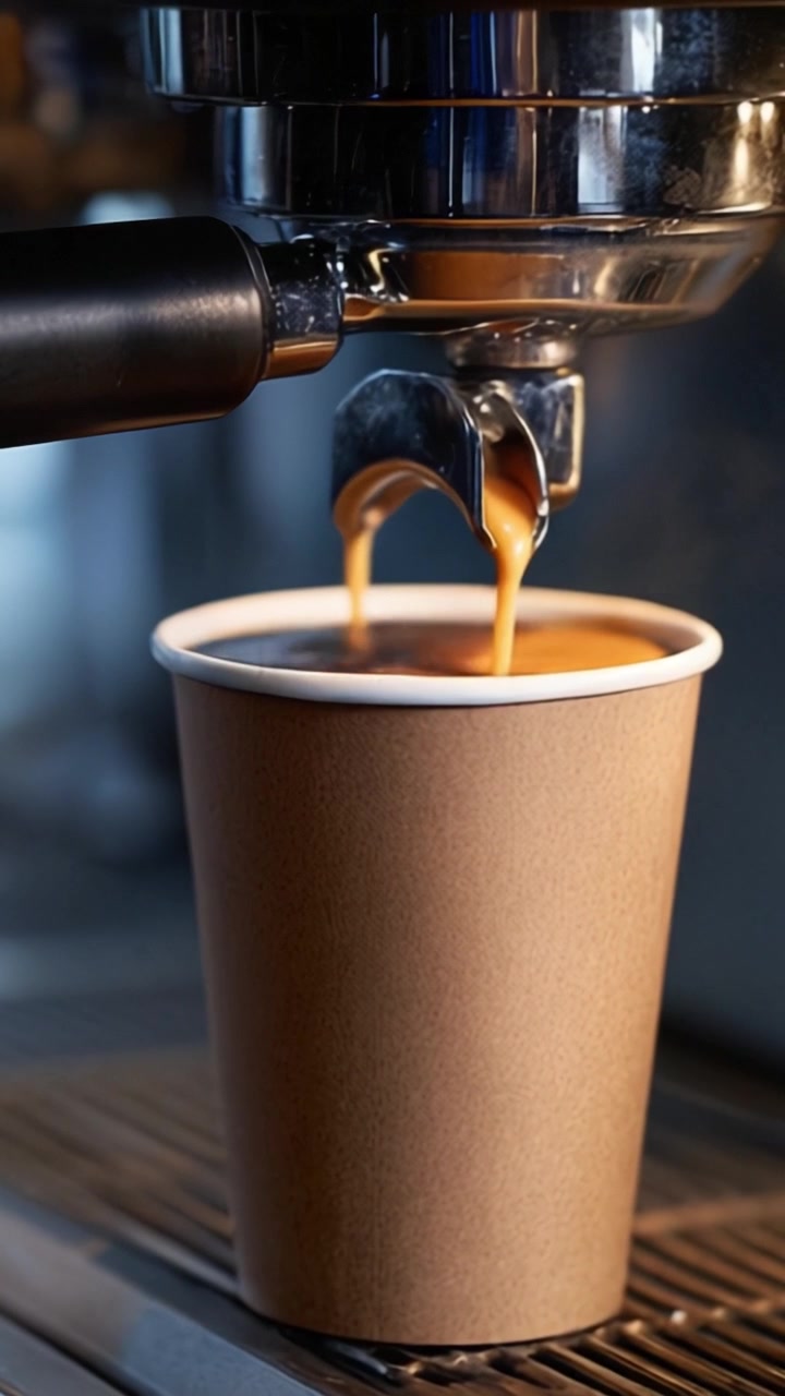 Espresso appena preparato che si versa in una tazza di carta marrone da una macchina da caffè, evidenziando il colore ricco e la consistenza del caffè in fase di estrazione.