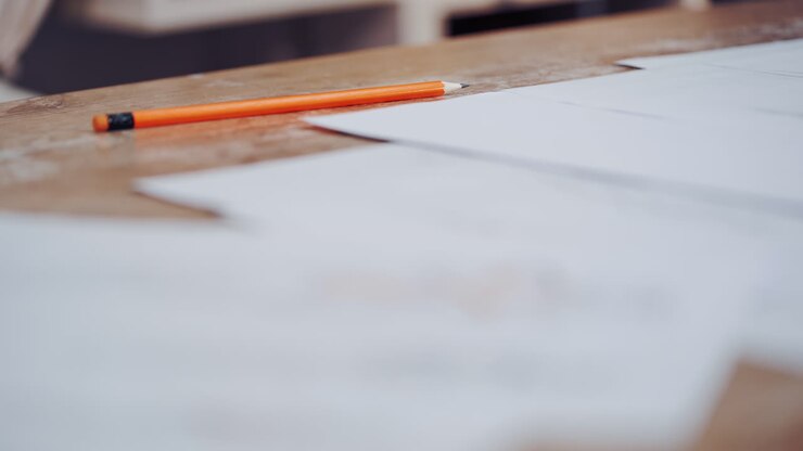 Many white sheets of paper with sketches of modern designes on the table. Ready drawings written on papers for fashionable clothes. Drawing and craft design.
