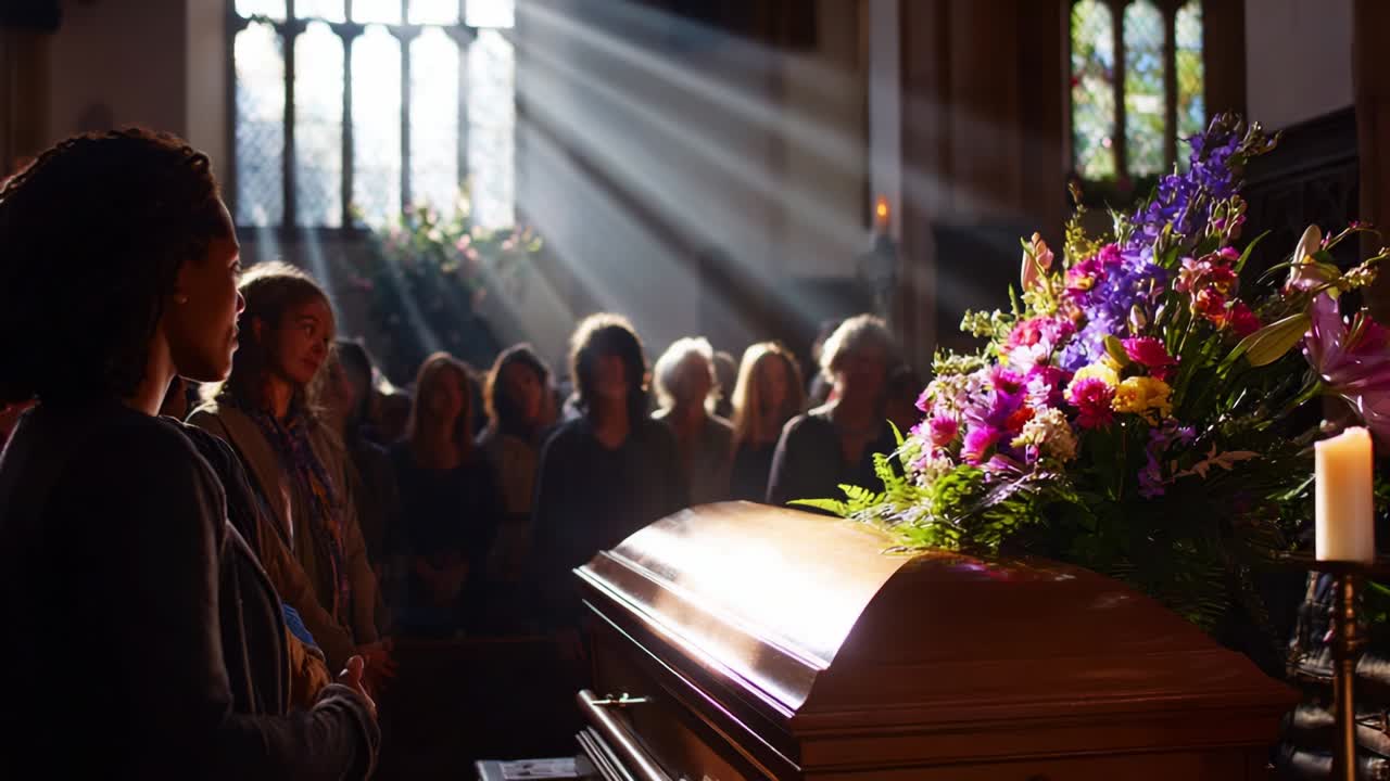 A Solemn Farewell: Grieving Together Under Soft Light, Friends and Family Embrace Their Loss in a Heartfelt Ceremony Surrounded by Beautifully Arranged Flowers and Gentle Sunbeams