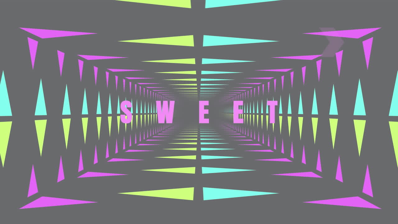 Animatie van zoet in roze tekst met roze, blauwe en groene driehoeken bewegend op grijs