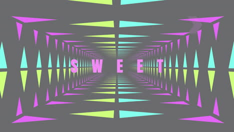 animation of sweet in pink text with pink, blue and green triangles moving on grey