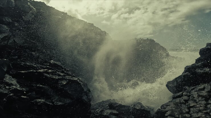 Powerful Ocean Waves Crashing Against Volcanic Rocks