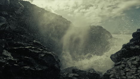 powerful ocean waves crashing against volcanic rocks