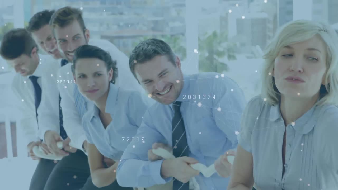 연결된 점들의 애니메이션과 다양한 동료들이 사무실에서 줄을 당기는 숫자를 바꾸는