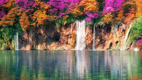 cinemagraph video of waterfall in plitvice lakes croatia, fantasy foliage color