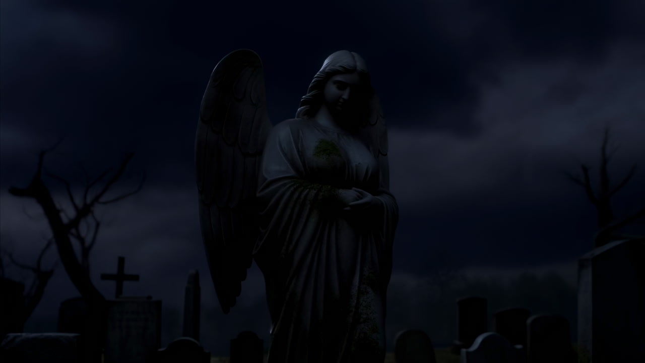 Stormy Night Cemetery Angel Statue Illuminated By Lightning, Mossstreaked Stone Guardian Stands