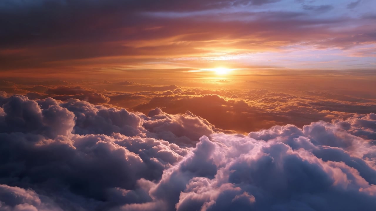 Pôr do sol majestoso sobre as nuvens: uma vista serena do alto do mundo, exibindo as maravilhas da beleza e tranquilidade da natureza no céu ao entardecer.