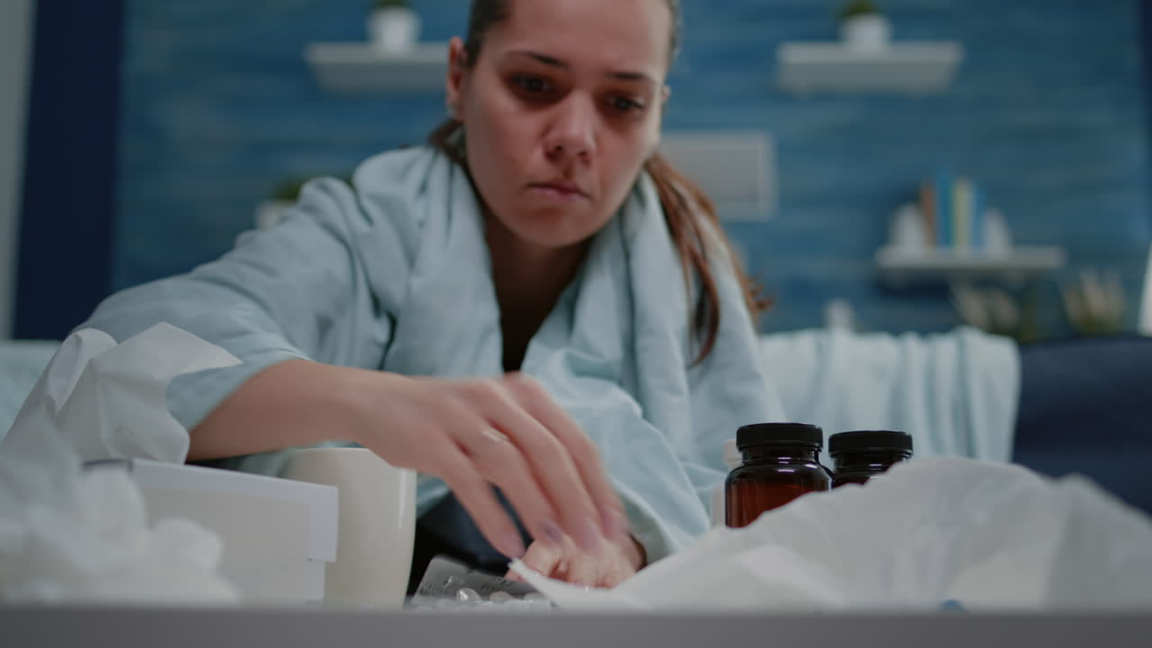 Woman with cold looking at tablets with capsules and bottles with pills