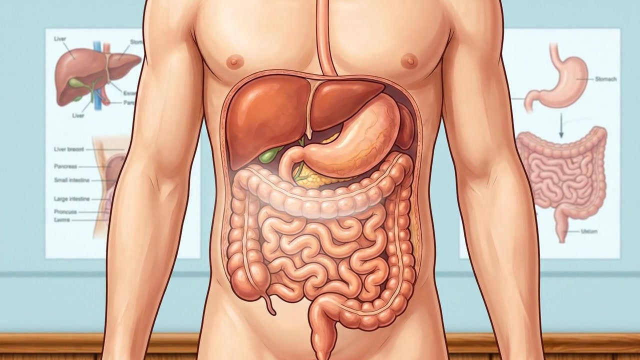 Human digestive system anatomy visualization with detailed internal organs display