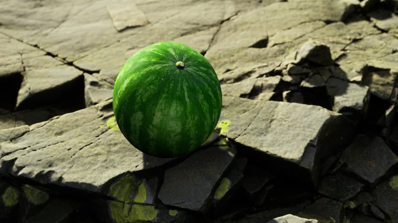 Unique watermelon resting on rugged rocks under bright sunlight