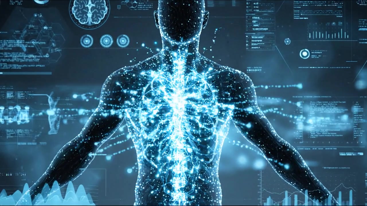 Human Body Anatomy Displayed With Glowing Digital Biological Data Interface