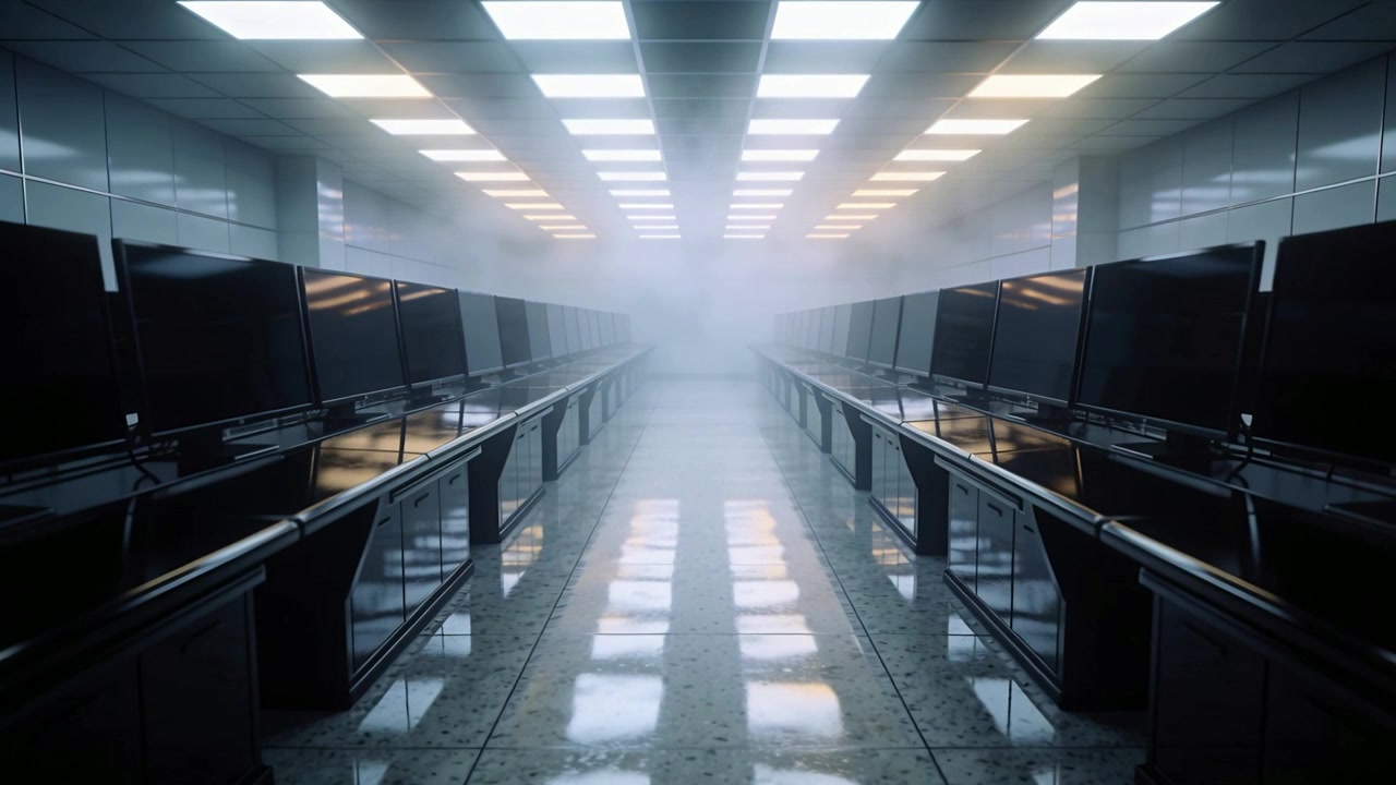 Gliding camera advancing through control corridor, revealing consoles, monitors, shiny floor, fog