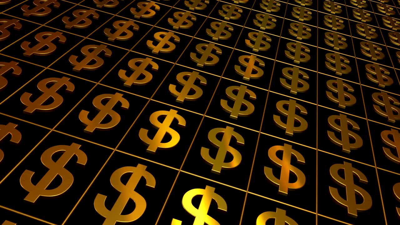 Dollar signs gold and black background. Seamless loop.