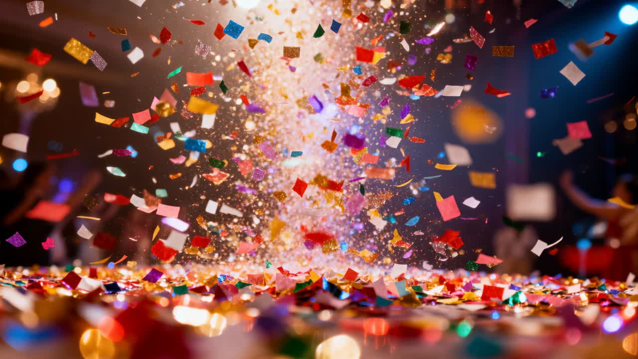 Exploderend confettikanon schiet glitter en papier door de feestzaal, gasten vieren feest.