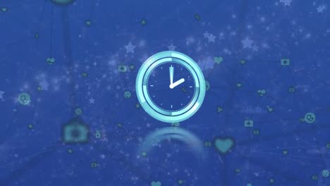 Animation-of-ticking-clock-and-network-of-digital-icons-against-shooting-stars-on-blue-background