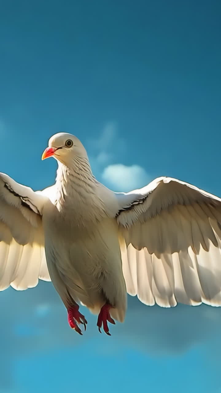 A white dove is flying in the sky with its wings spread wide. Concept of freedom and peace, as the bird soars through the air with grace and ease