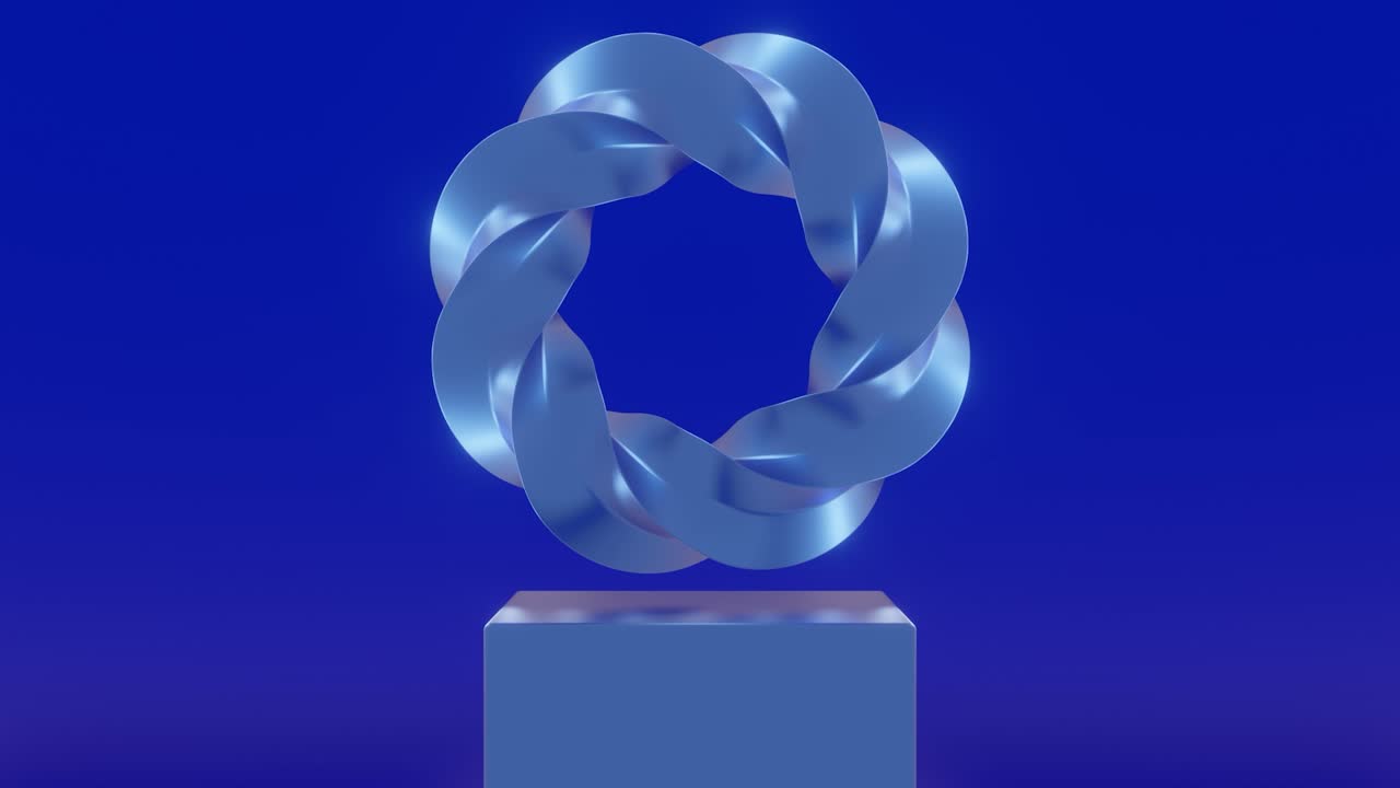 파란 플랫폼에 파란 금속 원의 3d 추상 조각