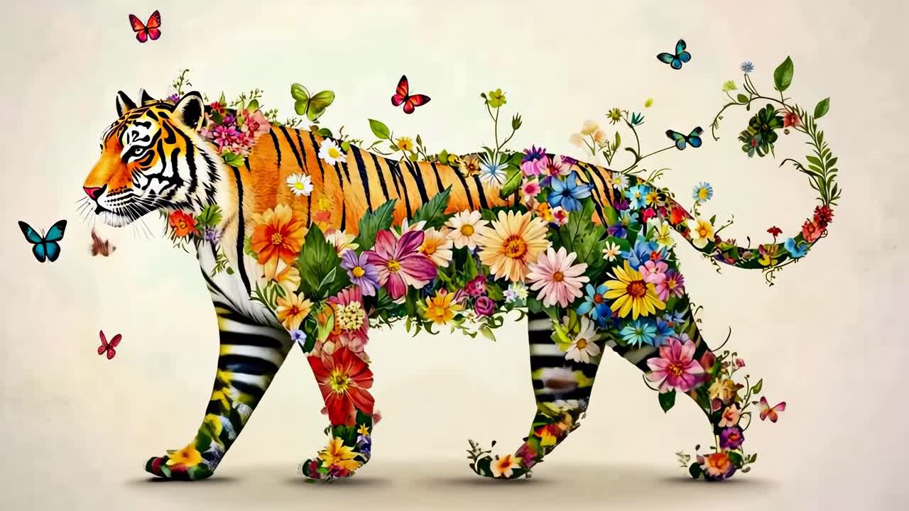 A side-view video concept of a tiger composed of vibrant flowers and butterflies, blending nature