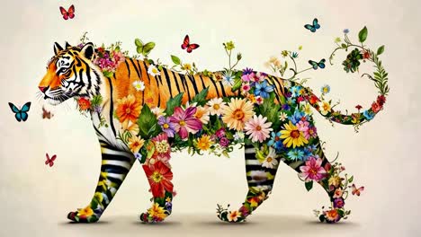 A side-view video concept of a tiger composed of vibrant flowers and butterflies, blending nature