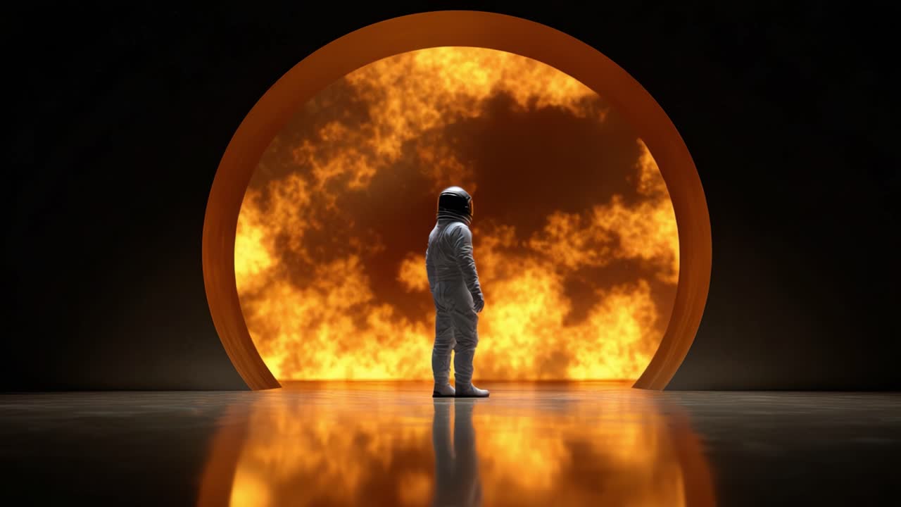Um astronauta se maravilha diante de um portal maciço e flamejante, representando as maravilhas da exploração espacial e os mistérios infinitos do universo além.
