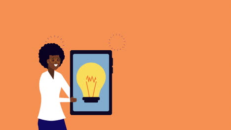 afro businesswoman with smartphone and bulb animation