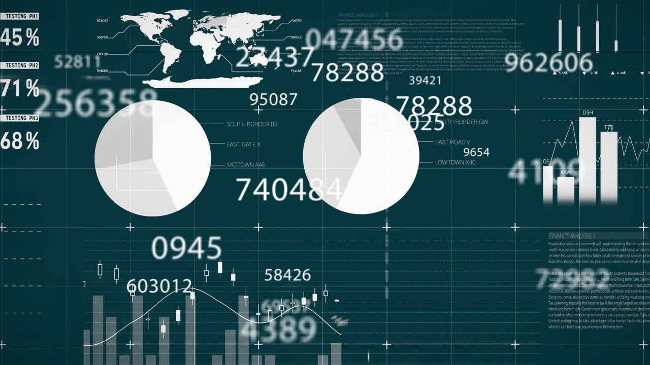 Animation of financial data processing on dark background