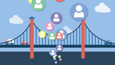 animation of rising colourful people icons, over traffic crossing bridge