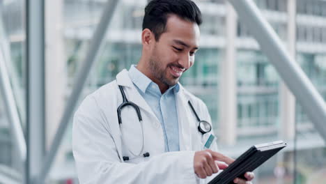 Man,-tablet-and-a-doctor-walking-in-a-hospital