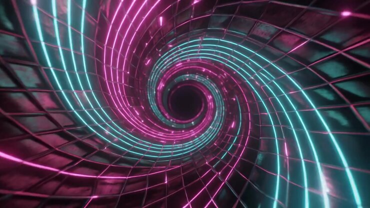 Túnel Espiral Neon Abstrato com Padrão de Grade Brilhante