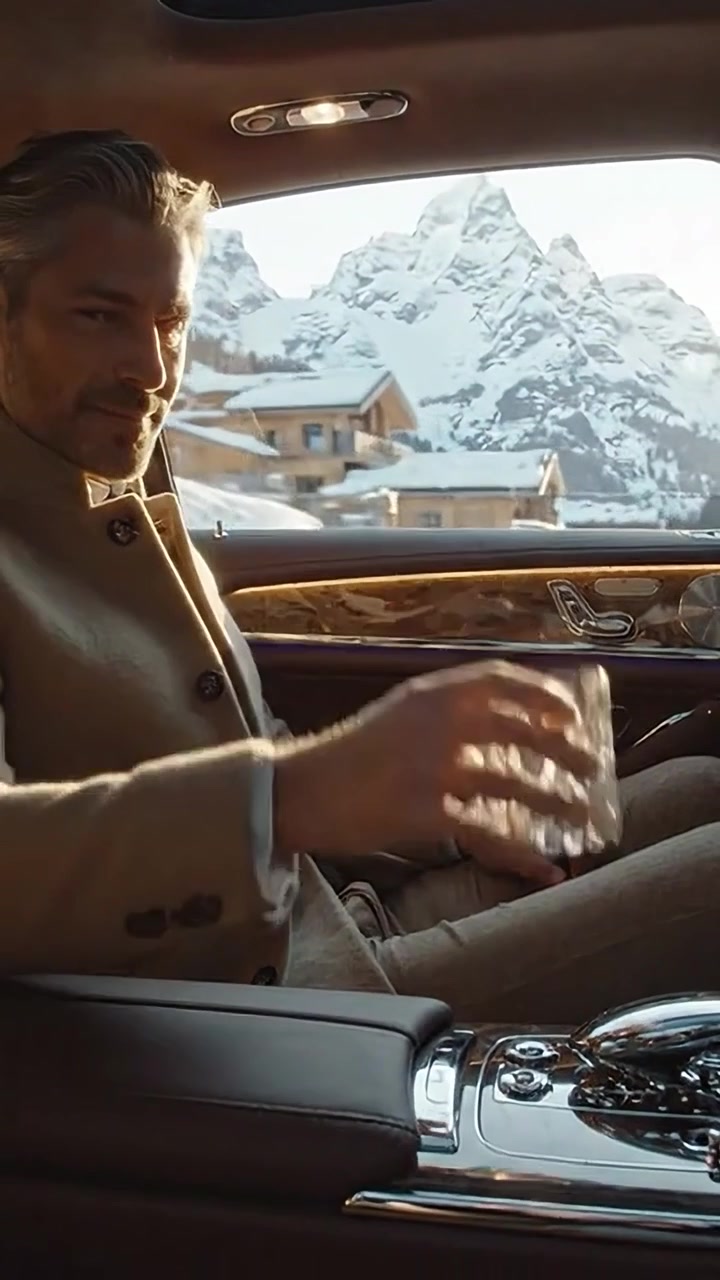 Uomo elegante in un lussuoso interno d'auto osserva uno splendido paesaggio montano innevato, godendosi un momento di riflessione con un drink in mano, unione di tranquillità e lusso.