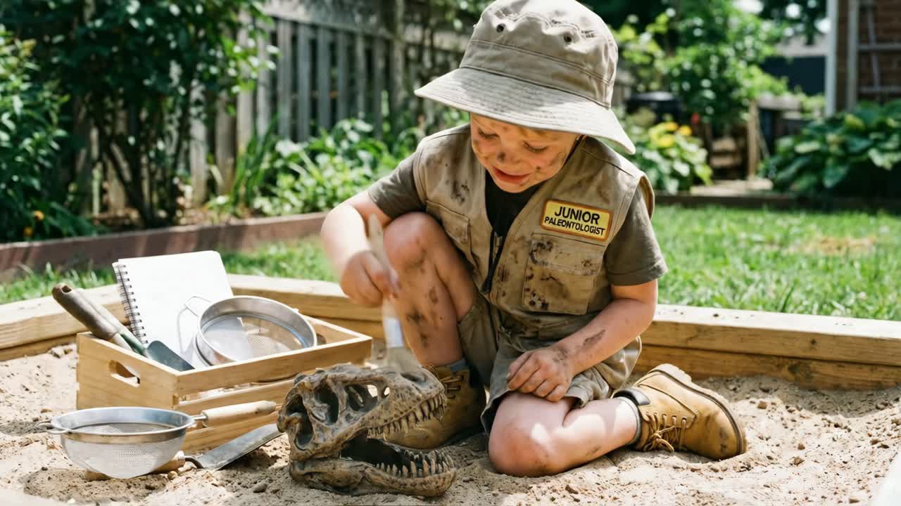 Anak Laki-Laki Bermain Paleontolog Junior di Kotak Pasir dengan Tengkorak Dinosaurus