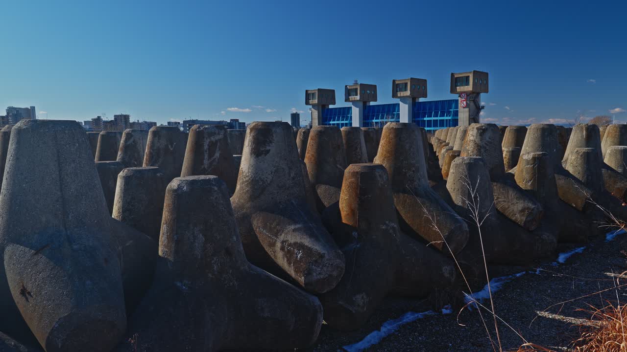 A perspective shot of rows of concrete tetrapods along the Arakawa riverbank in Tokyo. The modern Blue Iwabuchi Sluice Gate is visible in the background, highlighting the city's flood defense and eros