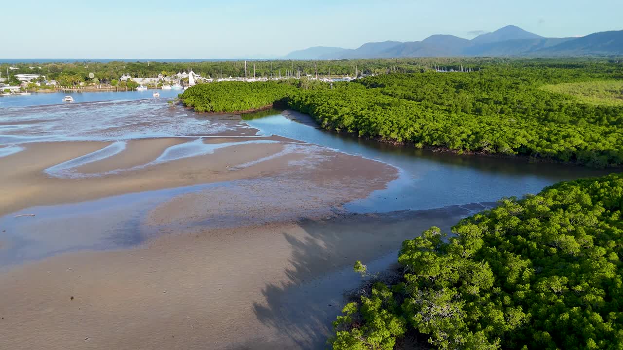 Drone footage captures mangroves, shallow pools, and coastal landscape under bright daylight, showcasing natural beauty and serene environment