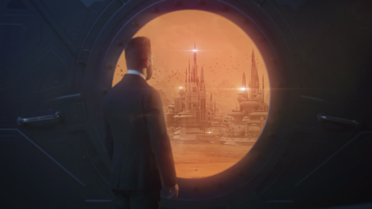 Businessman Looking at Alien City Through a Spacecraft Door