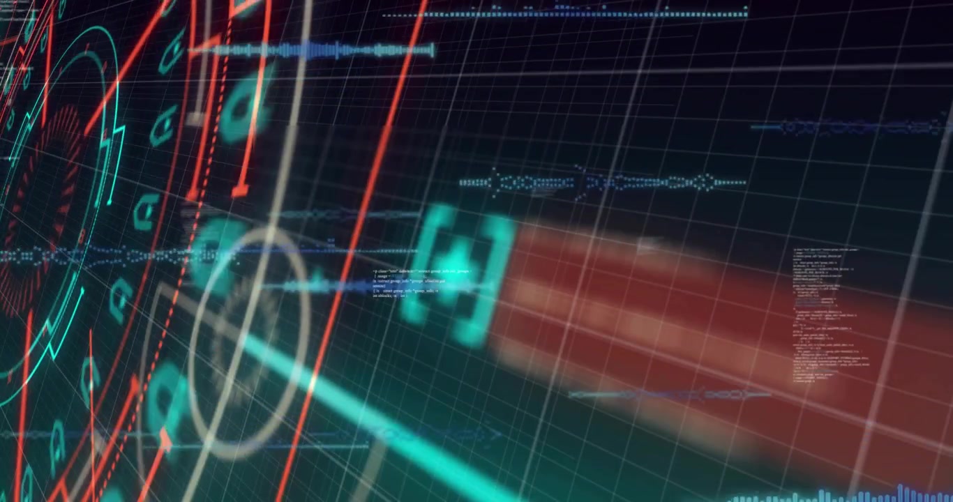 Teal reticle appearing and sweeping red arcs, streaming waveform traces while visualizing data