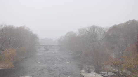 冬天下雪時,在霧天,被積雪的裸樹包圍的河流