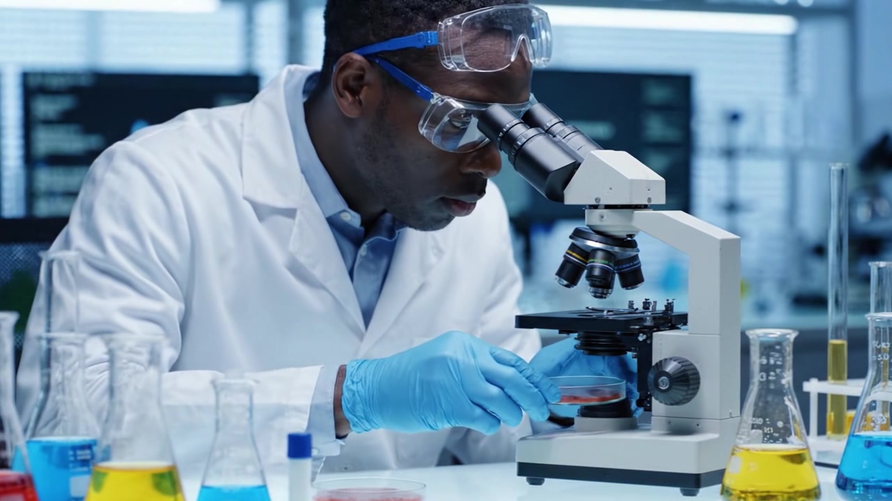 A focused scientist in a lab examines samples under a microscope while surrounded by colorful beakers and test tubes, showcasing the intricate world of laboratory research and discovery.