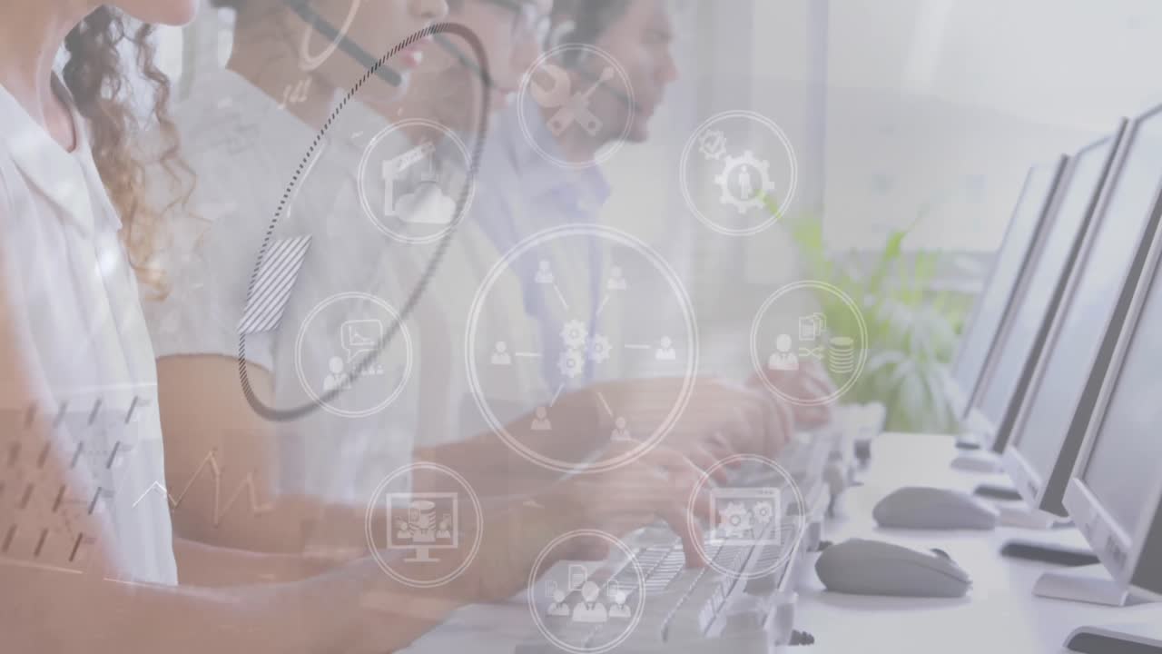 사무실에서 일하는 비즈니스 사람들 위에 데이터 처리 및 아이콘의 애니메이션