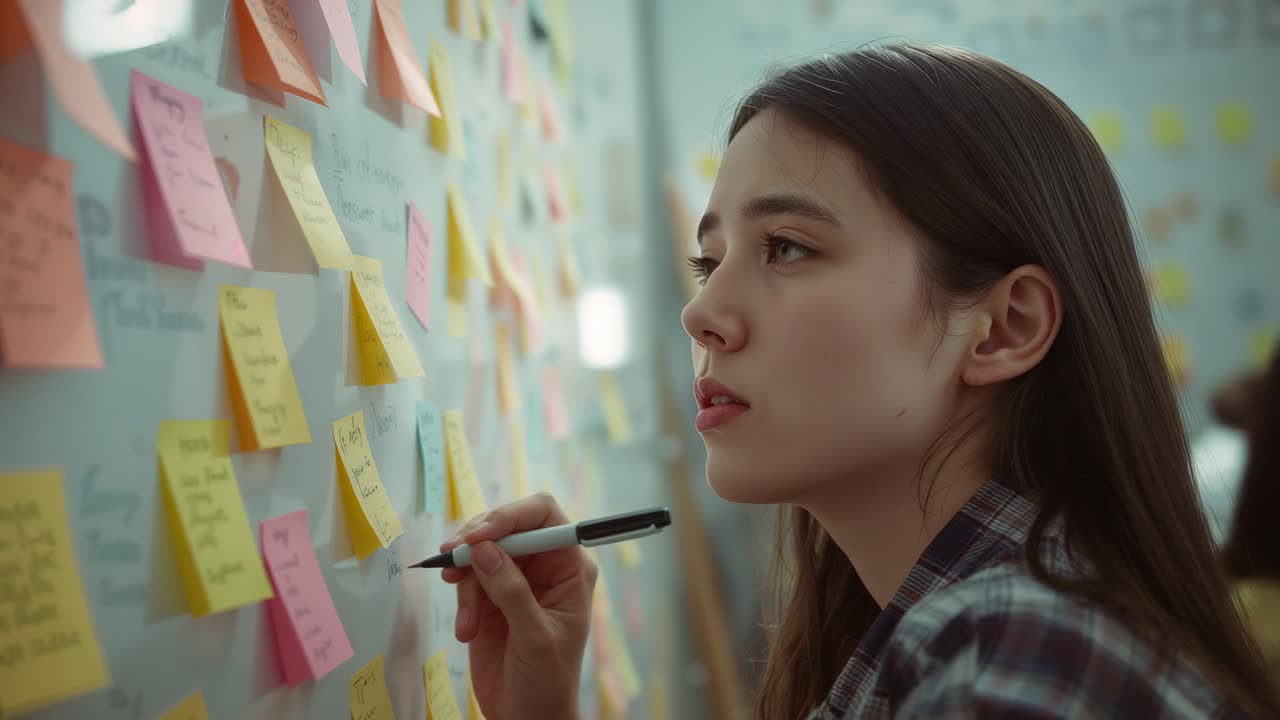 Noticing note space, woman leaning with marker writing on glass wall at workspace, copy space