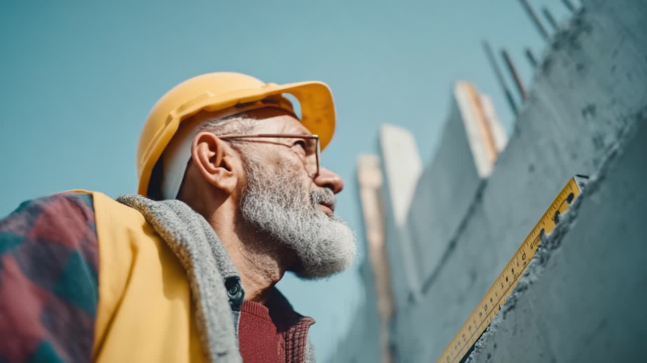 Experienced Construction Worker Observes Building Progress at a Construction Site, Measuring and Evaluating the Quality of Work with Attention to Detail