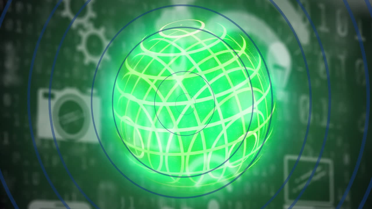 Glowing green sphere with digital symbols and animation of network connections