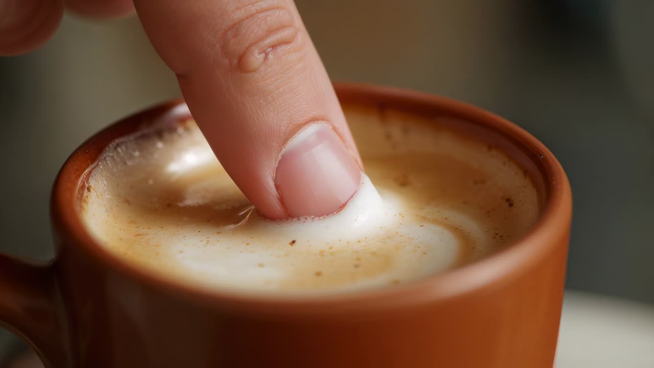 Pressing index finger after touching foam in brown mug at home, making dent, pulling foam string