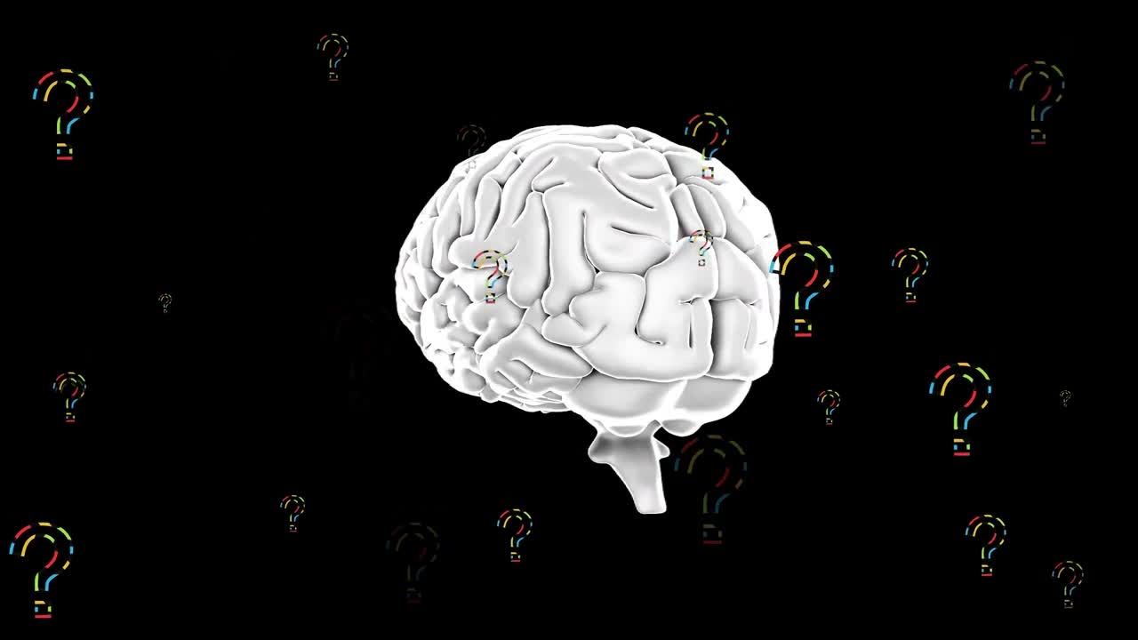 검은색 배경에 디지털 뇌 위에 질문표의 애니메이션
