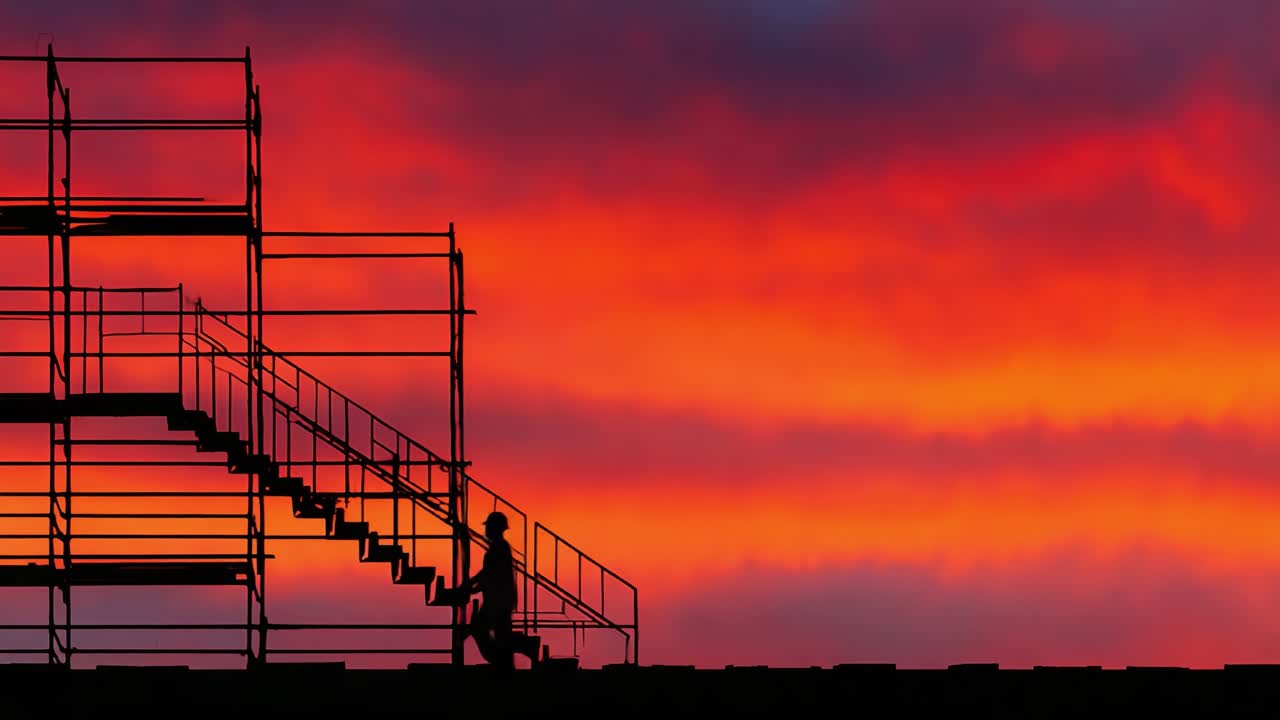 Una figura solitaria camina por un andamio, silueteada contra una impresionante puesta de sol, capturando la esencia del trabajo en medio de los vibrantes tonos del atardecer.