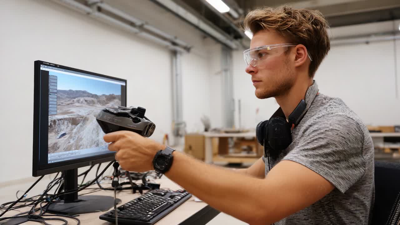 A Young Man Engaged in Virtual Reality Interaction, Wearing Protective Gear, Focused on a Computer Screen Displaying Terrain, Utilizing a Handheld Device for Simulation Purposes in an Indoor Environment