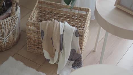 cozy interior scene with basket and textile accents