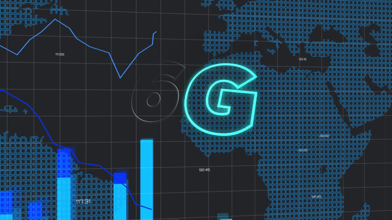 animación de texto de 6g y procesamiento de datos en fondo negro