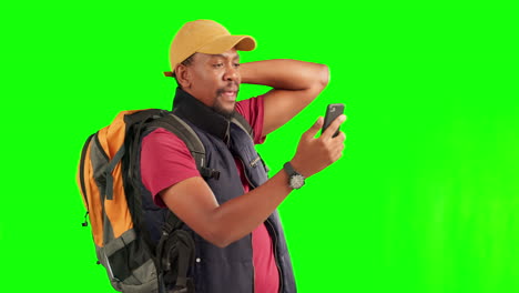 Green-screen,-travel-and-black-man-with-phone