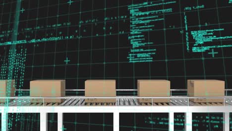 animación del procesamiento de datos financieros sobre cajas de cartón en cinta transportadora