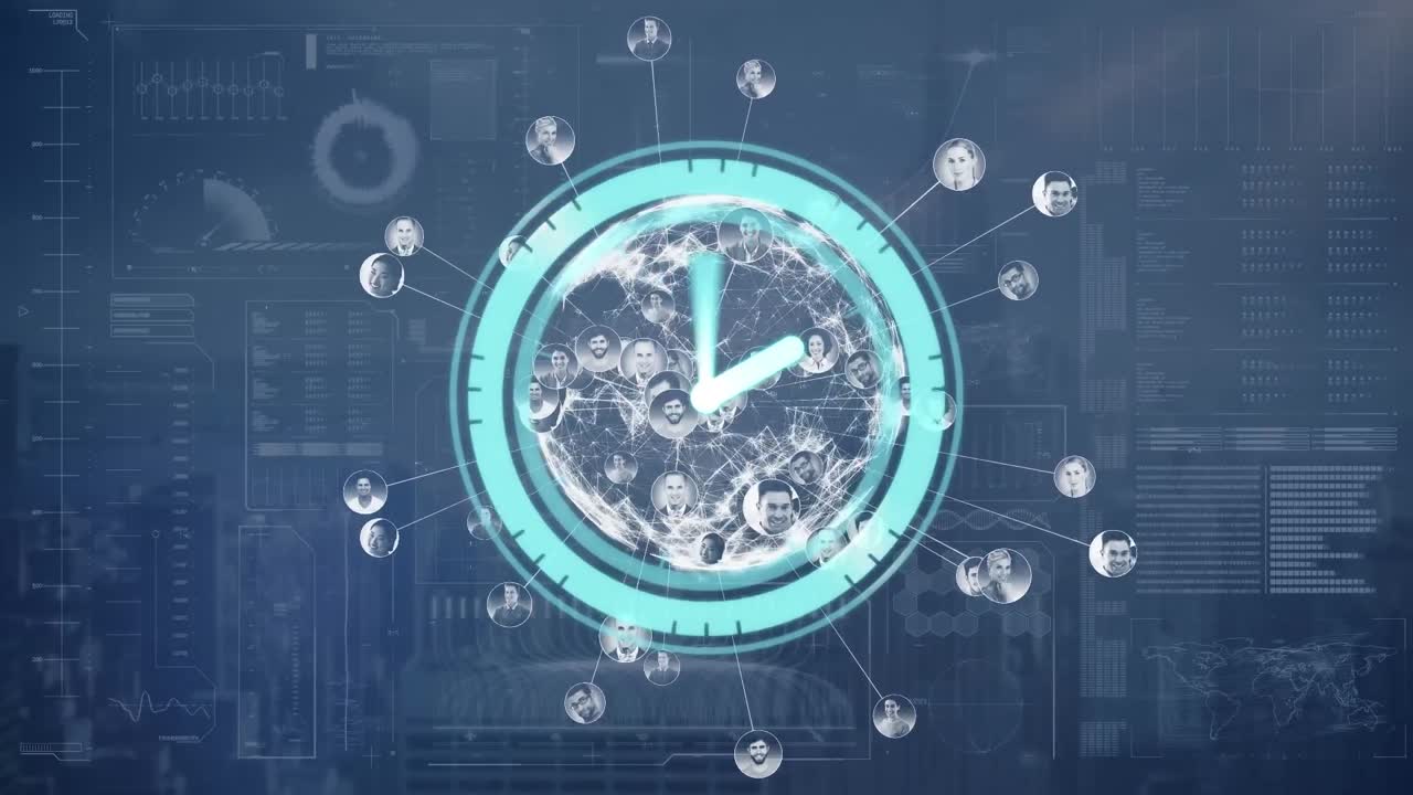 都市風景上の地球とデータ処理で速く動く時計のアニメーション